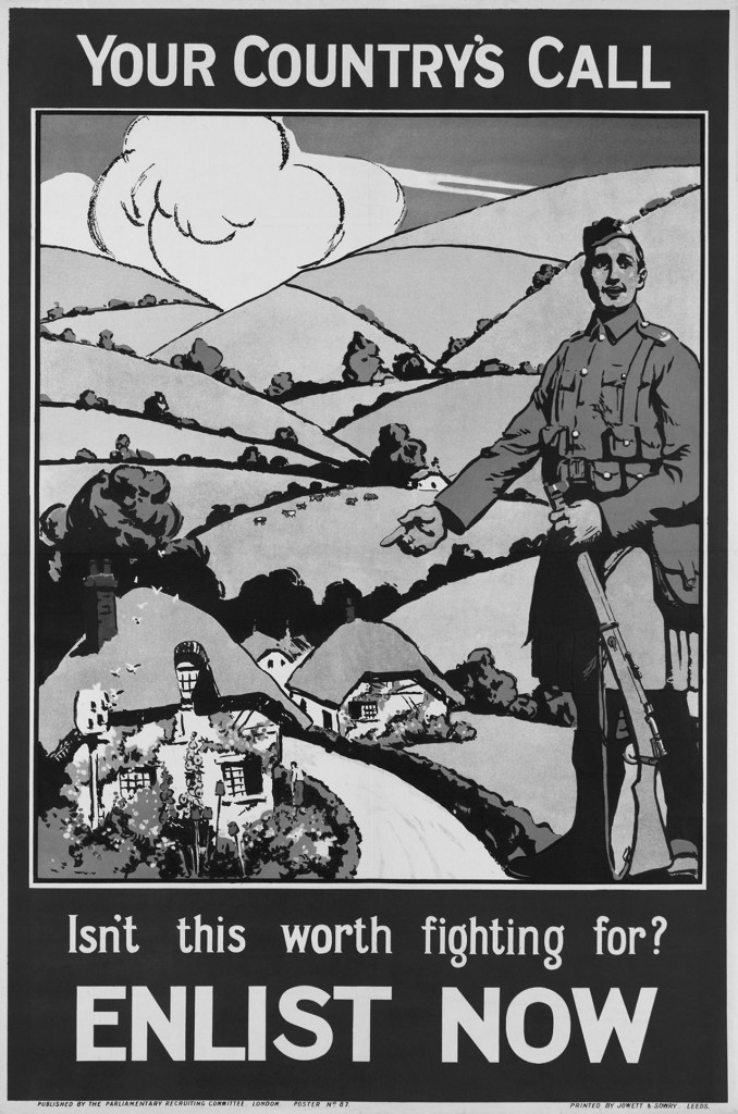 Your Country's Call. Isn't this worth fighting for? Enlist Now', 1915. Chromolithograph recruiting poster, published as Number 87 by the Parliamentary Recruiting Committee, printed by Jowett and Sowry, 1915. Propaganda posters played an important role in encouraging people to support the war. In 1914 Britain had a small professional army. As World War One (1914-1918) progressed more men were needed. By December 1915, over two million men had voluntarily joined up. Despite this, Britain was still forced to introduce the call up in January 1916, when the Military Service Bill provided for the conscription of single men aged 18 to 41. In May 1916 conscription was extended to married men as well.